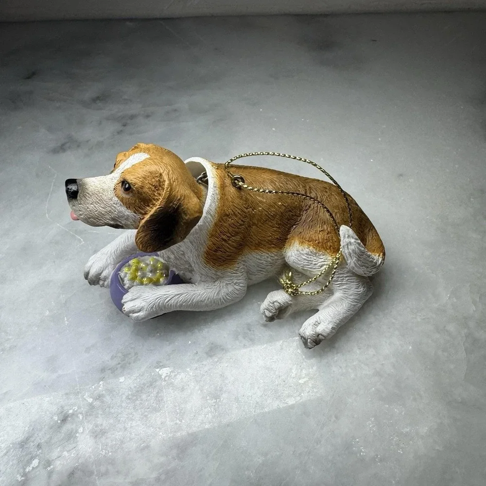 Vintage Beagle Dog Ornament Figurine – Puppy with Food Bowl Christmas Decor